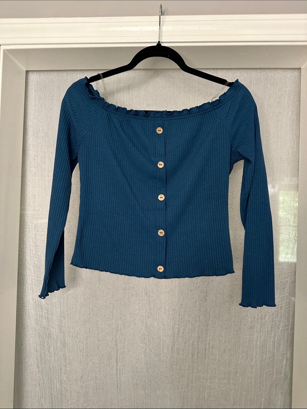 iris Teal Off-Shoulder Ribbed Button-Back Long Sleeve Top